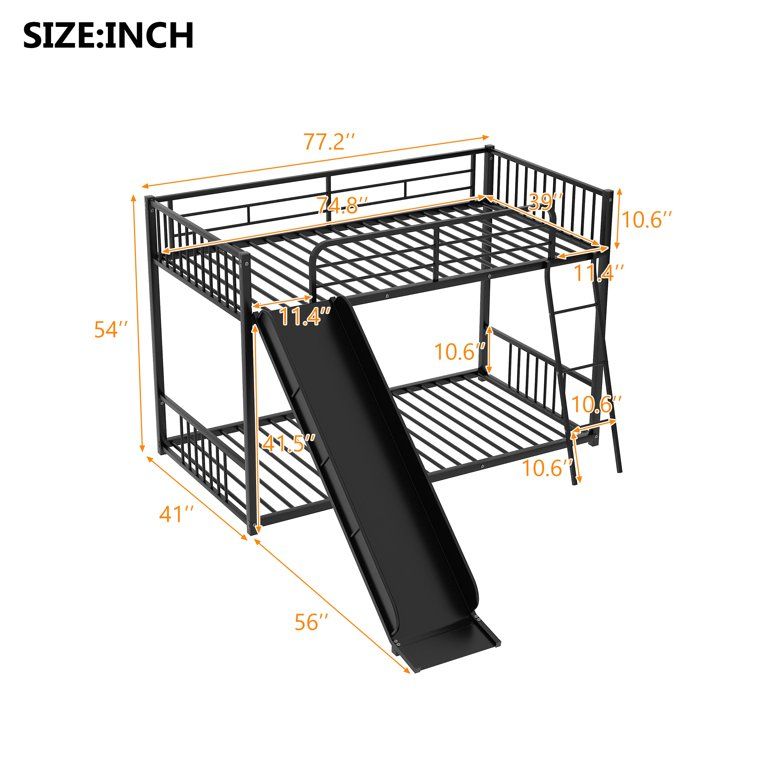 Euroco Metal Bunk Bed Twin over Twin with Slide for Kids Room, Black | Walmart (US)