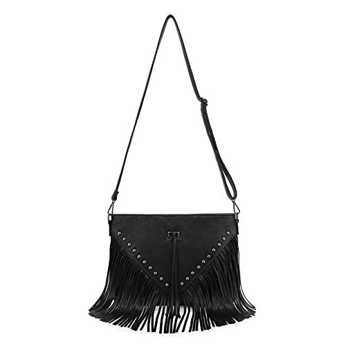 Black Fringe Purse Crossbody Bag for Women, Vintage Stud Large Fringe Crossbody Purse, Boho Shoulder Purse with Fringe | Amazon (US)