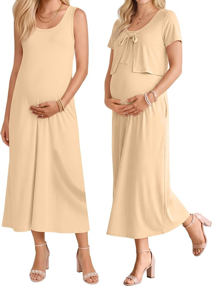 2 Piece Maternity Outfit Summer Maxi Dress and Cardigan Set with Pocket Casual Pregnancy Clothes ... | Amazon (US)