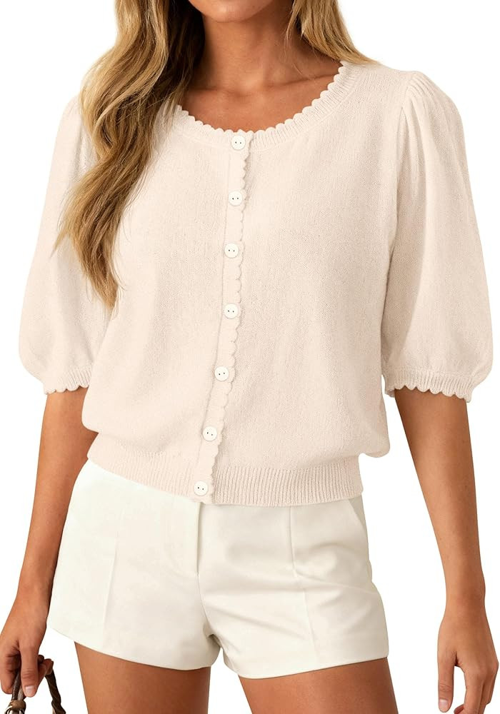 PRETTYGARDEN Puff Short Sleeve Cardigans for Women Lightweight 2026 Summer Shirts Button Up Knit ... | Amazon (US)