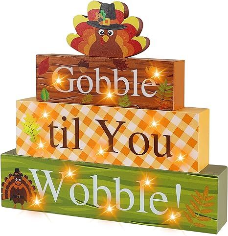 Thanksgiving Wooden Block Sign with Led Lights- Gobble til You Wobble Turkey Light up Wood Sign f... | Amazon (US)