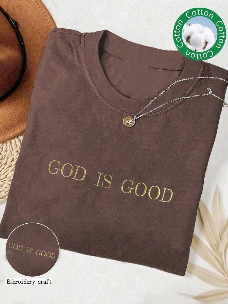 INAWLY Embroidered Simple Christian Faith Slogan Shirt, "God Is Good", Fashion Faith Gift Comfortable T-Shirt, Church Group Tee For Women | SHEIN