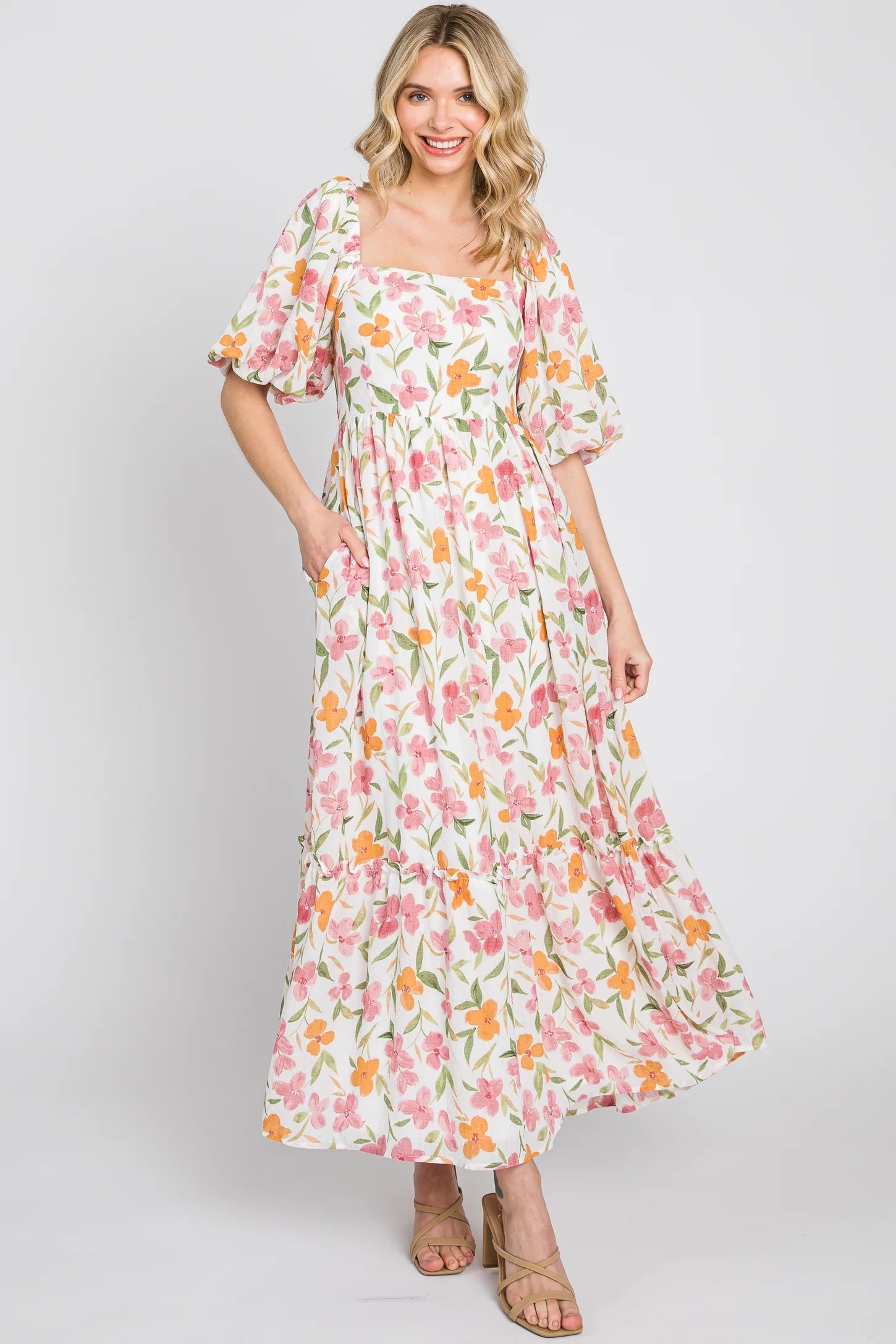 White Floral Puff Sleeve Maxi Dress | PinkBlush Maternity