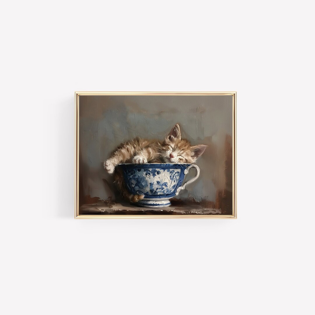 Kitty in a Chinoiserie Teacup Vintage Muted Tone Painting Digital Print Neutral Vintage Tea Party... | Etsy (US)