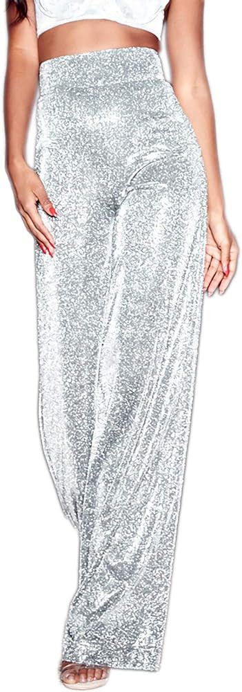 Velius Women's Sexy Metallic Sparkly Wide Leg Pants Trousers Clubwear | Amazon (US)