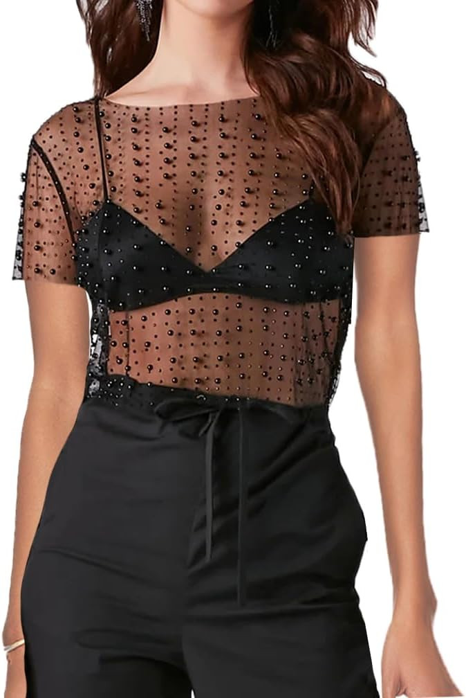 Women Pearl Rhinestone Sheer Mesh Crop Tee Top Sexy See Through Short Sleeve Slim Fit Crop T-Shir... | Amazon (US)