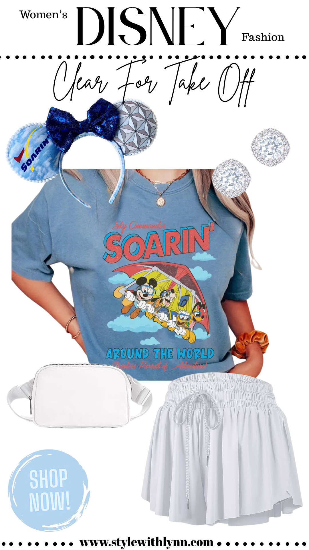Ready for takeoff in Disney style! This women’s Disney outfit is perfect for EPCOT’s Soarin’ Around the World — featuring a fun Soarin’ graphic tee, comfy white smocked shorts, a practical white fanny pack, and sparkle earrings for that bit of magic. Don’t forget the Soarin’-inspired Minnie ears to top off the look! Whether you’re park hopping or flying high, this outfit keeps you stylish and comfy.

👉 Shop this Soarin’ Disney World outfit now on my LTK - click the link in bio or tap to shop and follow me for more magical Disney park style! ✨🛍️

disney outfits | disney outfits women | disney world outfits | disney world outfits women | disney world outfits summer | cute disney outfits | disneyland outfits | cute disney outfits women | what to wear to disney | disney world outfits OOTD | disney world fashion style | how to style disney world outfits | disney bounding  

 #LTKFindsUnder50 #LTKStyleTip #LTKTravel