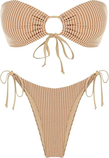 ZAFUL Women O Ring Bandeau Bikini Set, Strapless Swimsuit Tie Bikini High Cut 2 Pieces Bathing Su... | Amazon (US)