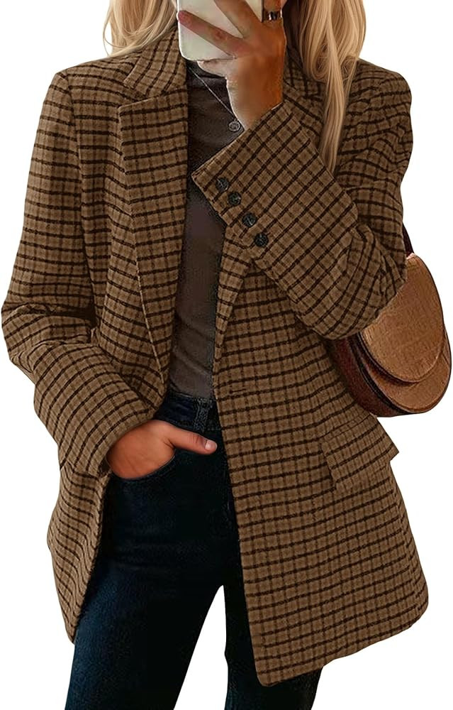 Mina Self 2026 Women's Plaid Houndstooth Wool Blazer Jacket - Fully Lined Loose Business Casual E... | Amazon (US)