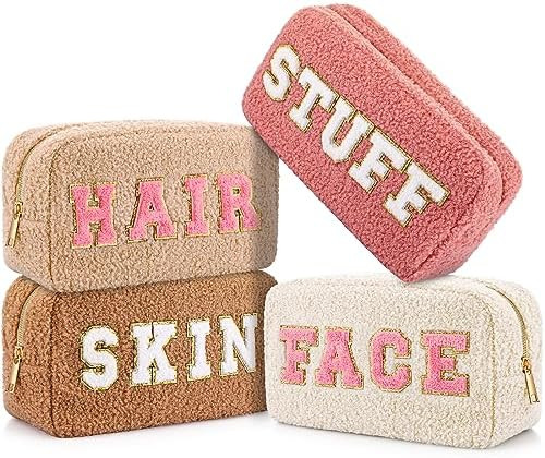 Paterr 4 Pcs Chenille Letter Preppy Patches Makeup Bag Plush Fuzzy Makeup Pouch Hair Skin Face St... | Amazon (US)