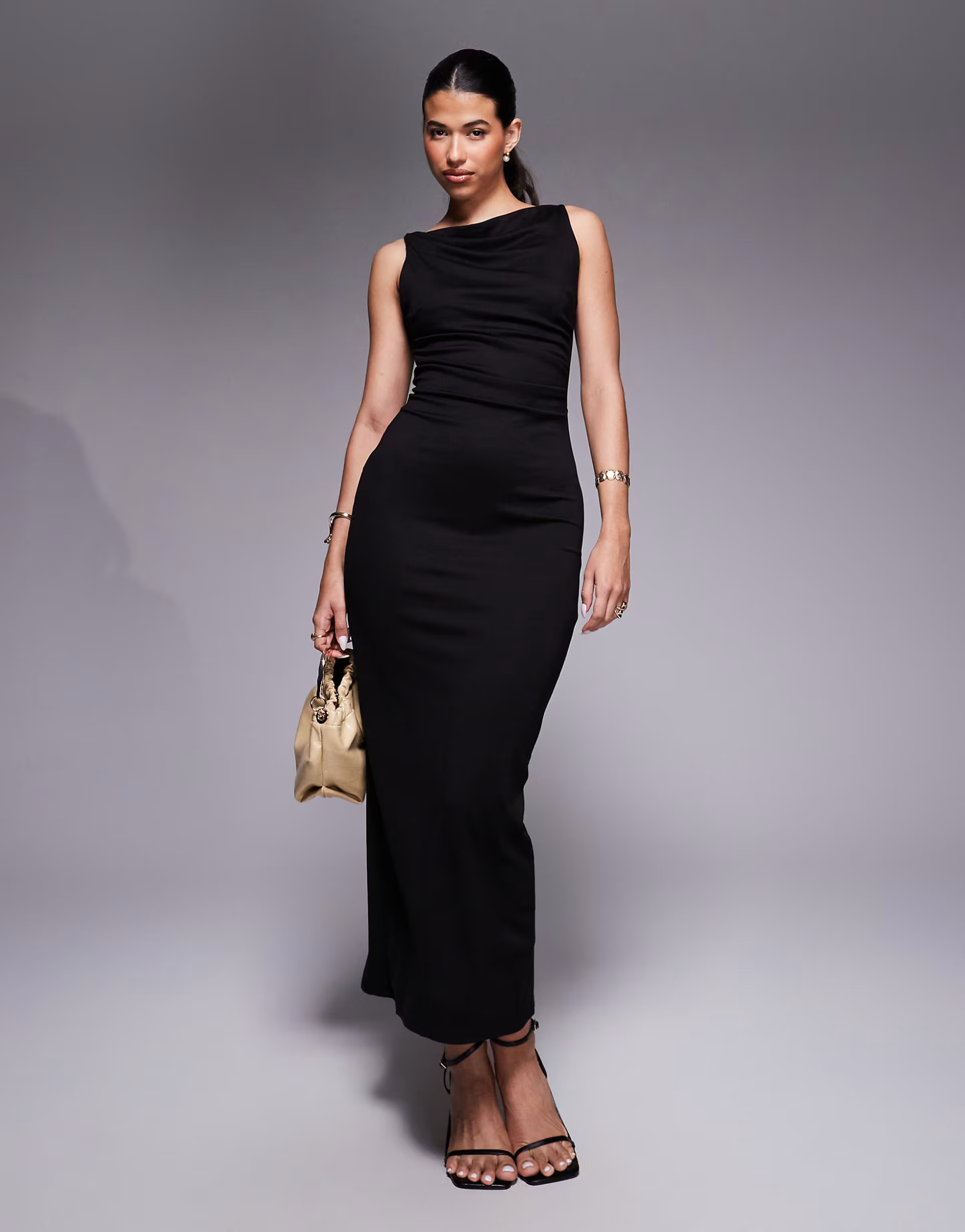 ASOS DESIGN slash neck ponte midi dress with ruched side detail in black | ASOS | ASOS (Global)