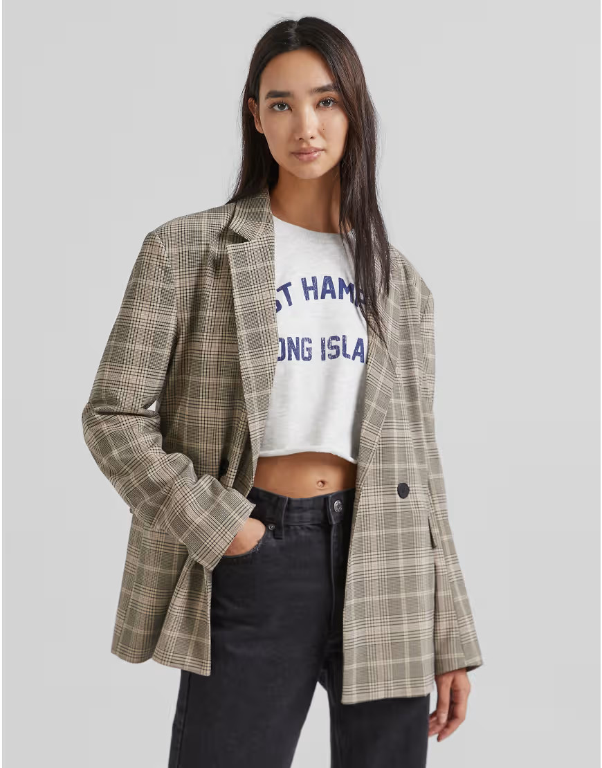 Bershka oversized blazer in gray check-Grey | ASOS (Global)