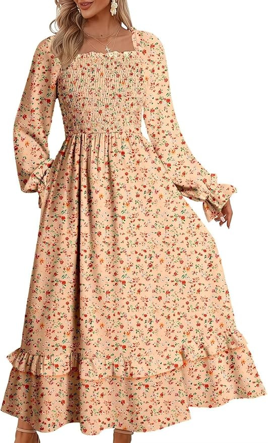 Dokotoo Boho Dresses for Women 2025 Casual Floral Square Neck Long Sleeve Smocked Elastic Waist T... | Amazon (US)