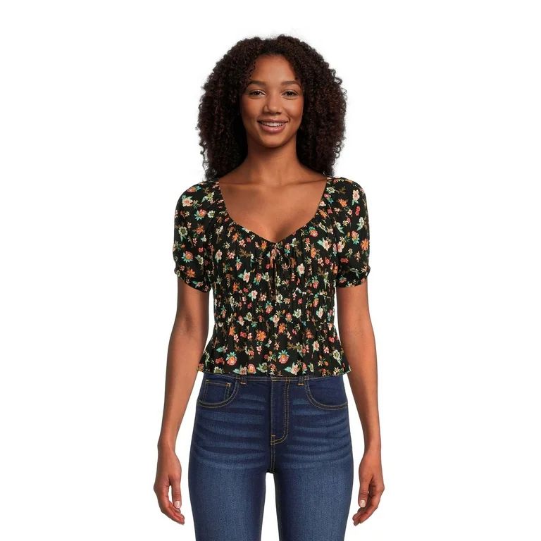 No Boundaries Juniors' Print Peasant Top with Puff Sleeves | Walmart (US)