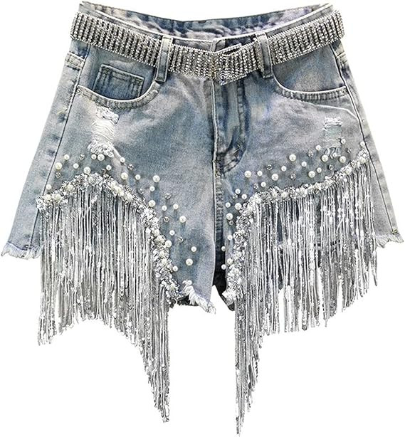 Female Denim Shorts Slimming Heavy Beaded Sequin Fringed Ripped Wide Leg Shorts | Amazon (US)