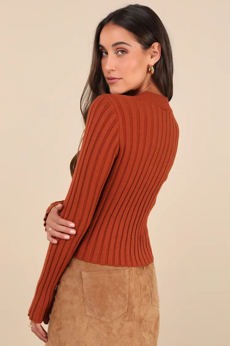 Snuggly Expression Rust Orange Ribbed Mock Neck Sweater Top
            Lulus
        $49 $24Fina... | Lulus