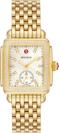 MICHELE Deco Mid Diamond Bracelet Watch, 29mm in Two-Tone Gold at Nordstrom | Nordstrom