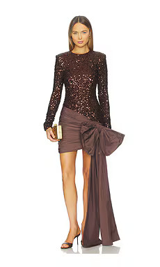 ROTATE Sequins Bow Mini Dress in Chicory Coffee from Revolve.com | Revolve Clothing (Global)