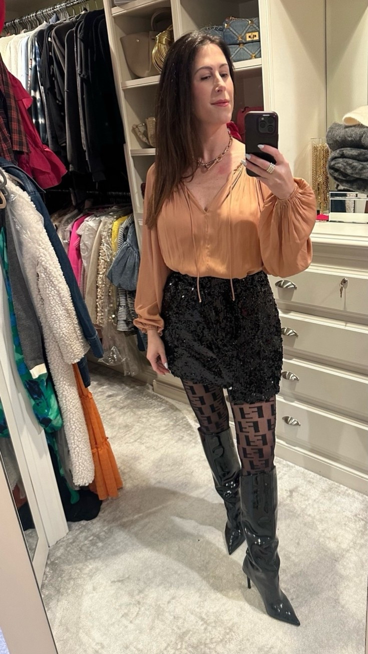 Billowy tan blouse with black sequin skirt 💕💕💕 #lulus #shoplulus