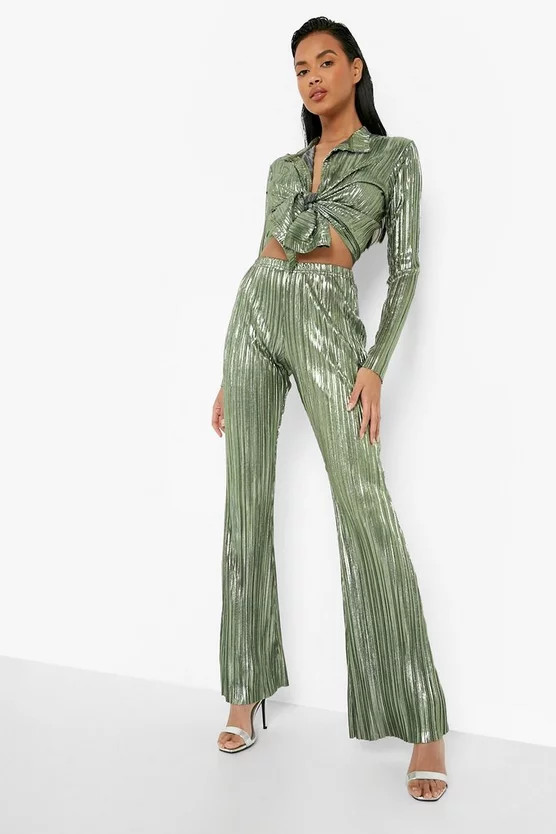 Metallic Plisse Flares | Boohoo.com (UK & IE)