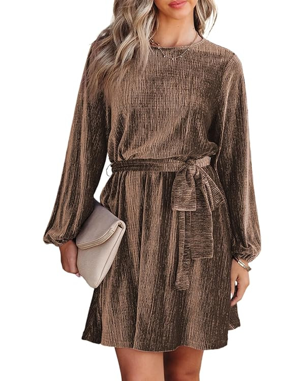 Happy Sailed Women's Velvet Dress Fall Fashion Lantern Sleeve High Waist A-Line Skater Cocktail P... | Amazon (US)