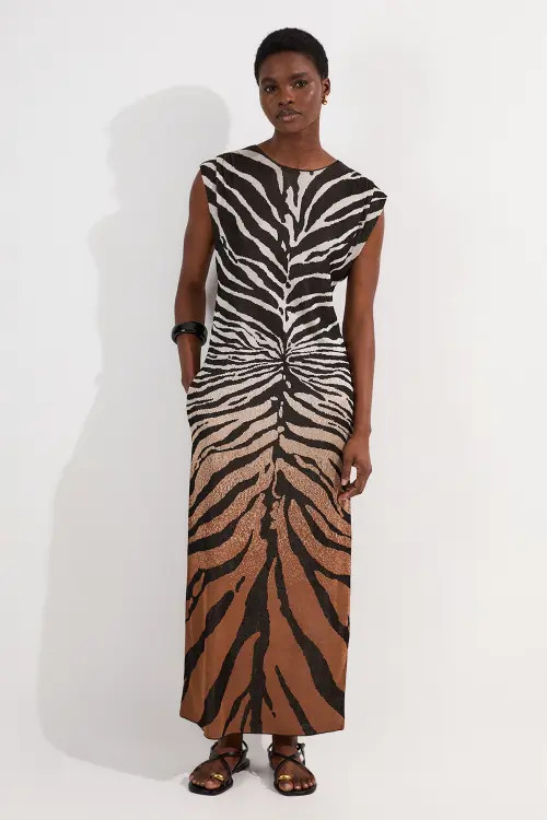 Karen Millen Jacquard Zebra Print Slinky Maxi Dress in Brown at Nordstrom, Size Large | Nordstrom