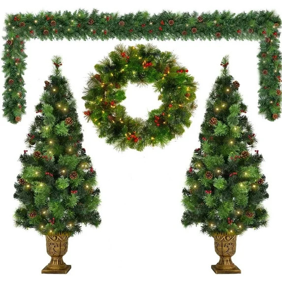 Hmlinktt 4-Piece Christmas Decoration Set, Pre-lit 9FT Artificial Rattan, 1.6FT Wreath, 4FT Set o... | Walmart (US)