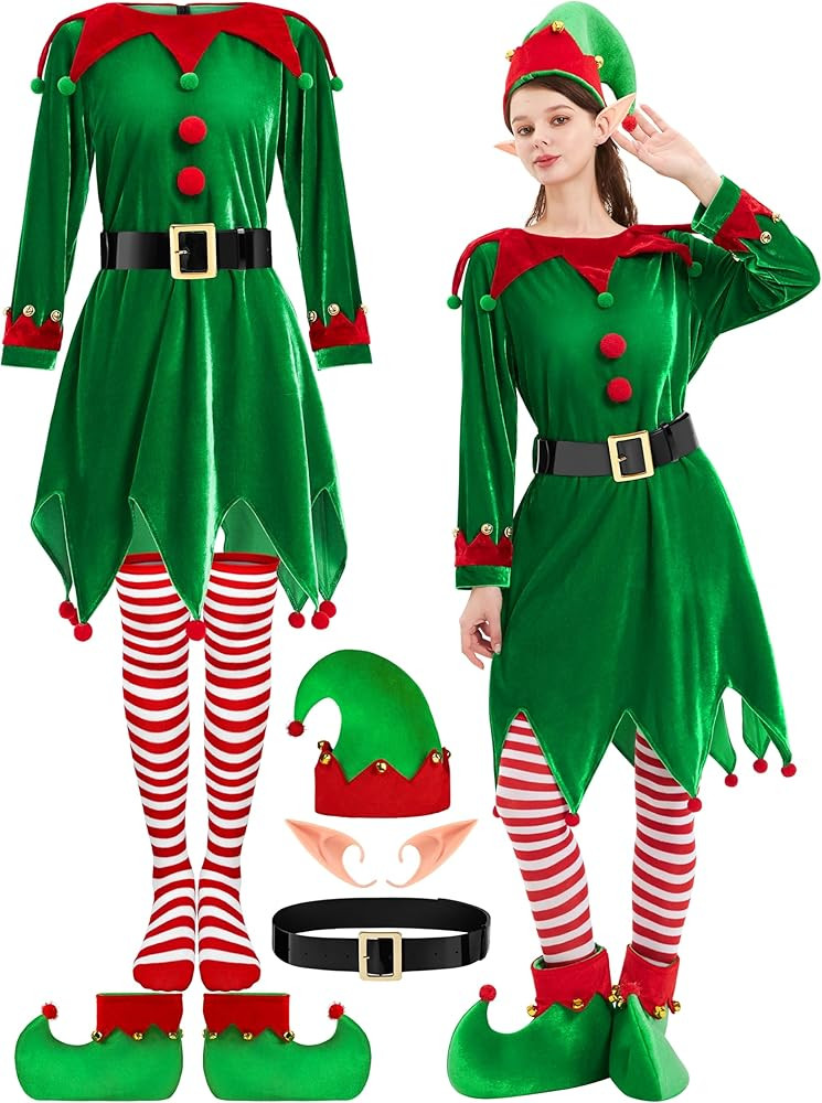6 Pack Elf Costume for Women Christmas Outfit Velvet Dress Santa's Helper Costume Belt Socks Elf ... | Amazon (US)