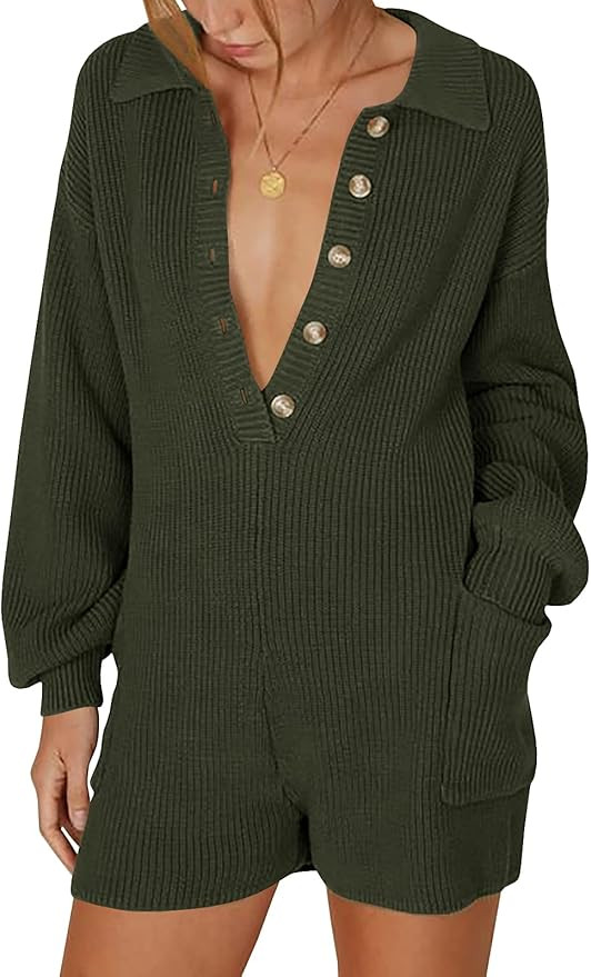 Women's Rompers V Neck Button Down Long Sleeve Knitted Sweater Jumpsuit Fall Winter One Piece Out... | Amazon (US)