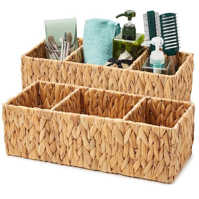 EZOWare 3 Section Natural Water Hyacinth Storage Baskets, Woven Wicker Divided Organizer Bin for ... | Amazon (US)