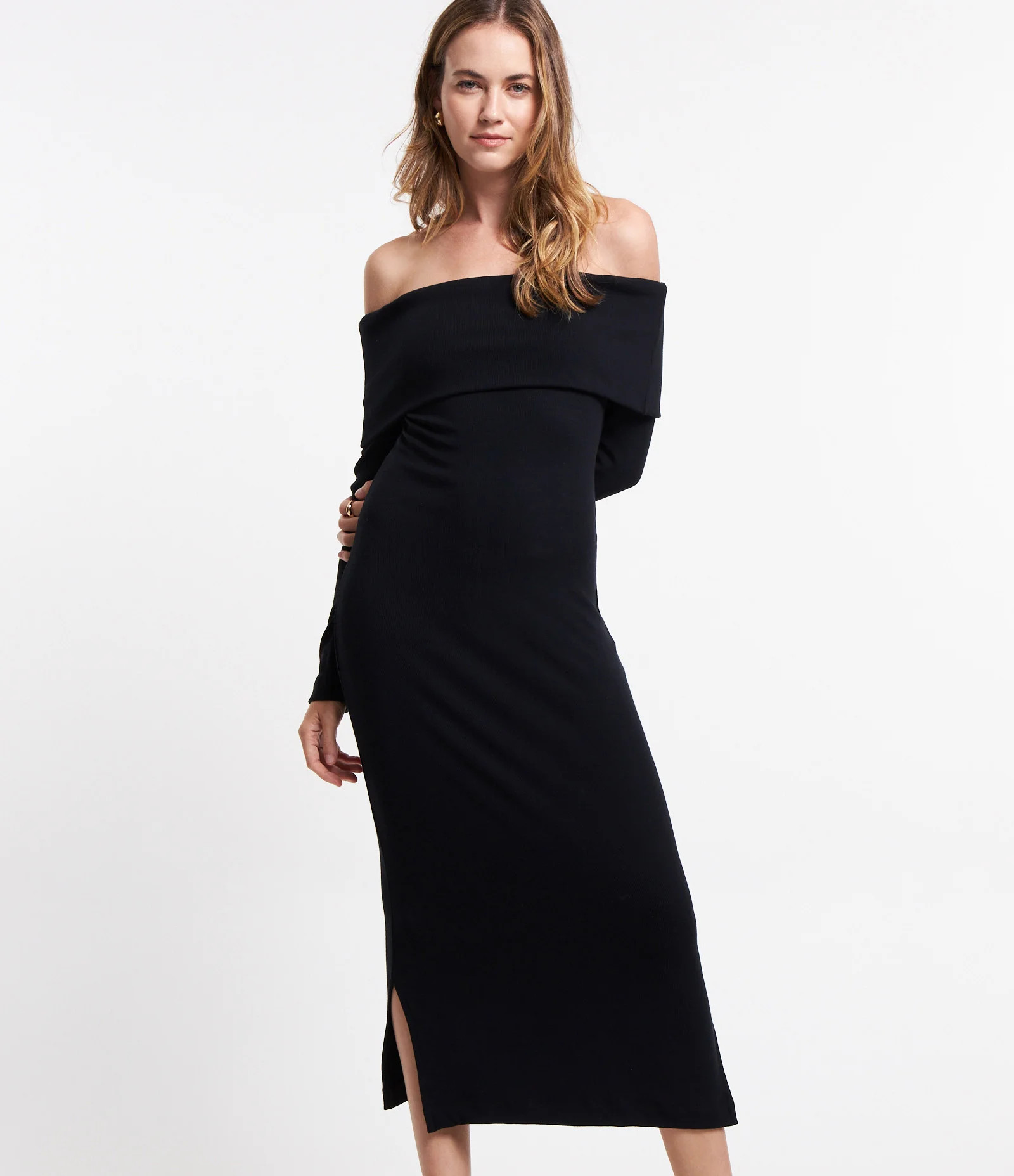 Vestido Midi em Ribana com Decote Ombro a Ombro Preto | Renner (BR)