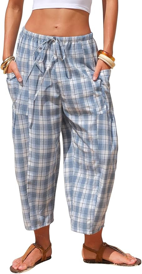 EXLURA Womens Cotton Faux Linen Gingham Capri Pants Plaid Wide Leg Palazzo Trousers Harem Pants P... | Amazon (US)
