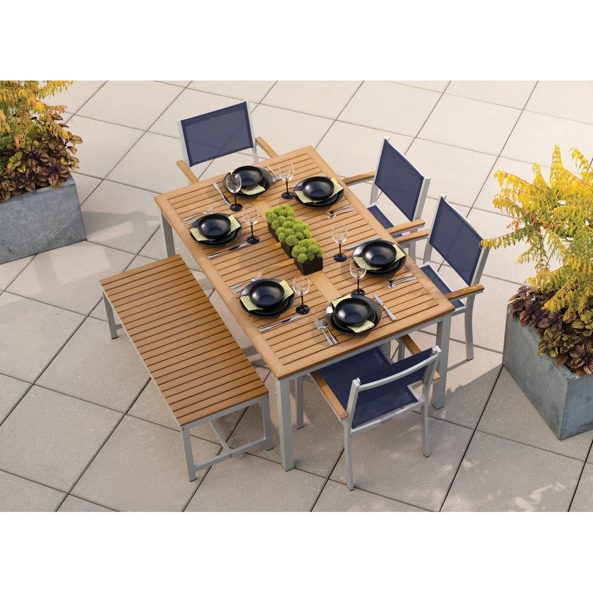 Travira Rectangular 6 - Person 63" Powder Coated Aluminum Sling Chair and Bench Patio Dining Set | Wayfair North America