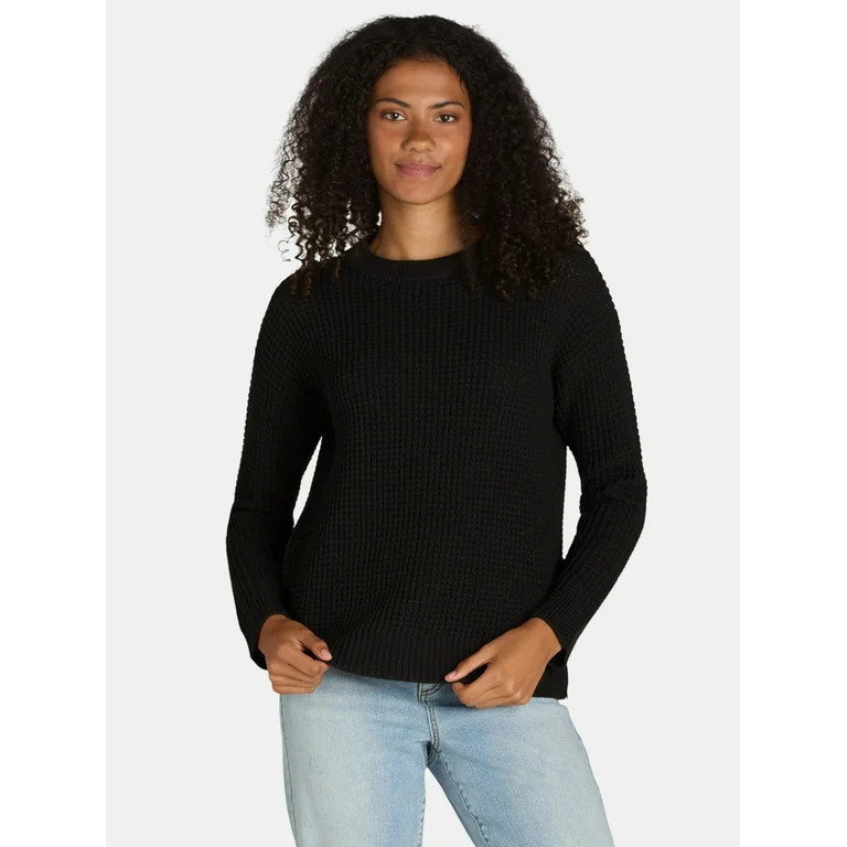 Time and Tru Women's and Women's Plus Waffle Stitch Sweater with Long Sleeves, Midweight, Sizes X... | Walmart (US)