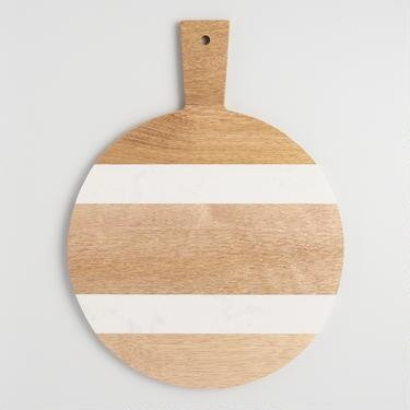 Small Round Wood and White Marble Paddle Cutting Board | World Market