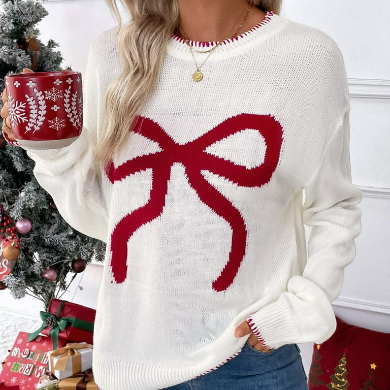 MaFYtyTPR Christmas Women's Kinnted Sweaters Fashion Ladies Cute Loose Knit Sweater With Bow Deta... | Walmart (US)