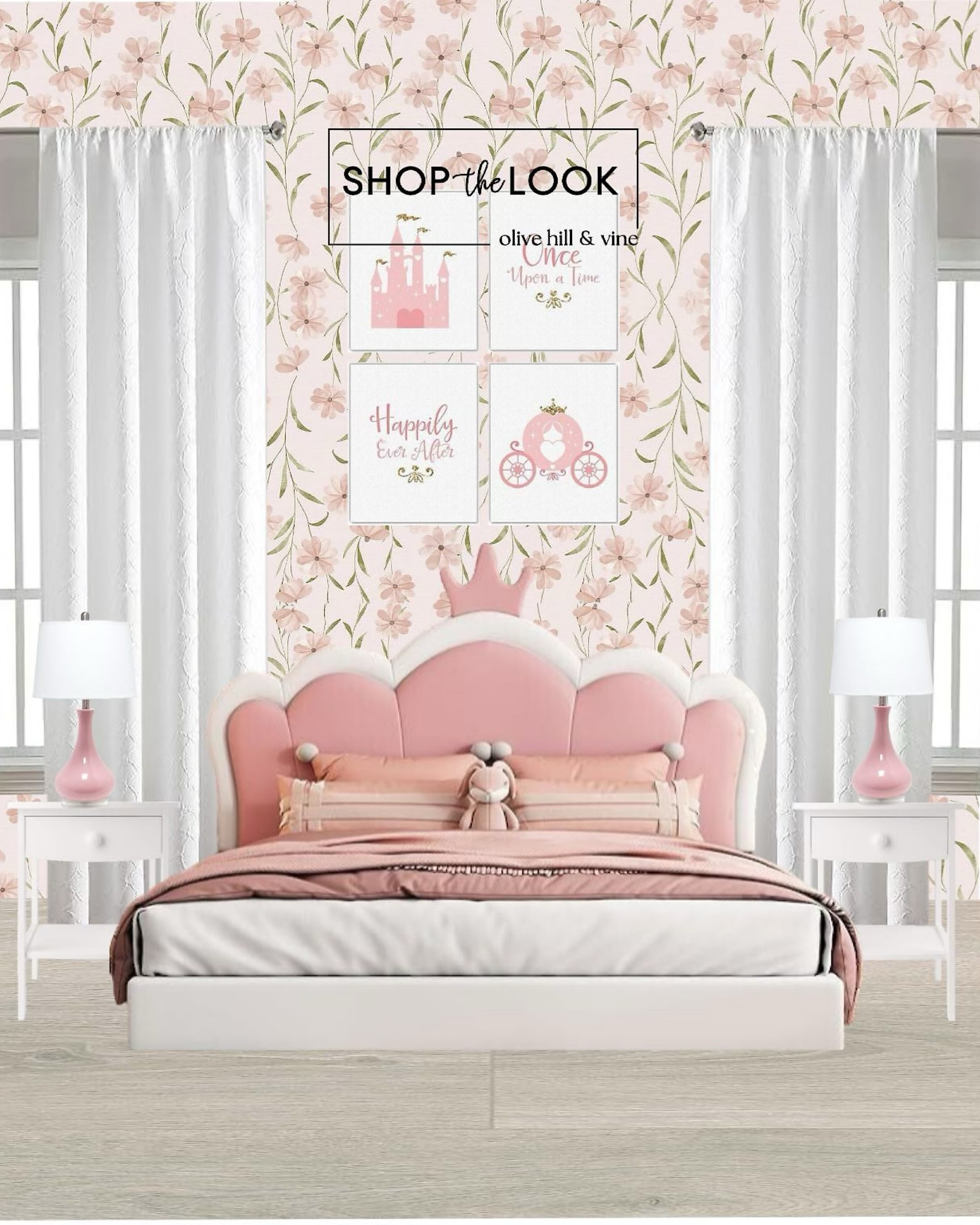 Give her a space fit for royalty with our princess-themed bedroom! Adorned with floral daisy wallpaper and princess artwork, the room features an upholstered daybed with a crown headboard, white nightstands, and pink teardrop table lamps. 

#LTKHome #LTKKids #LTKFamily