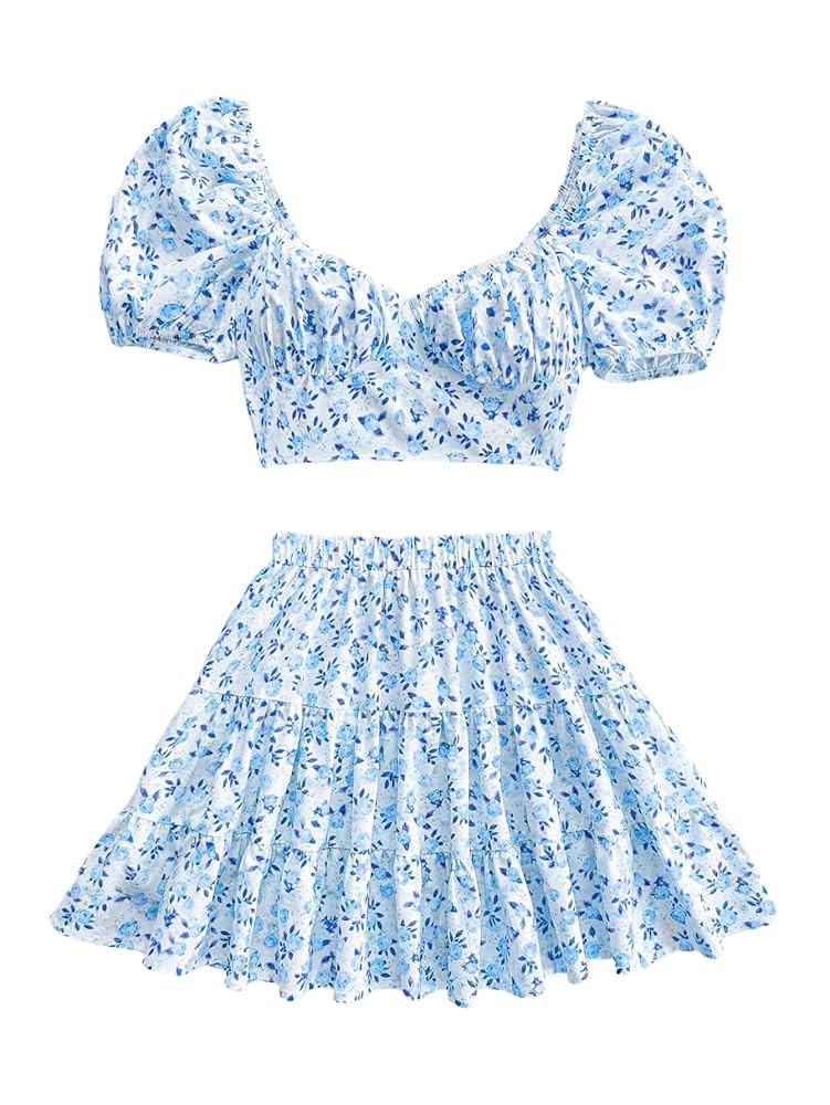 Floerns Women's 2 Piece Outfit Floral Ruched Bust Crop Top Layered Ruffle A Line Skirt Set | Amazon (US)