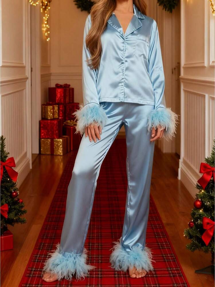 Women's Satin Feather Trim Pajama Set - Long Sleeve Button-Down Top  Pants Luxury Loungewear | SHEIN