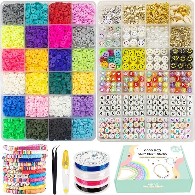 Clay Beads for Bracelet Making Kits, 24 Colors Flat Clay Heishi 6000 Pcs Beads |1200 Pcs Jewelry ... | Amazon (US)