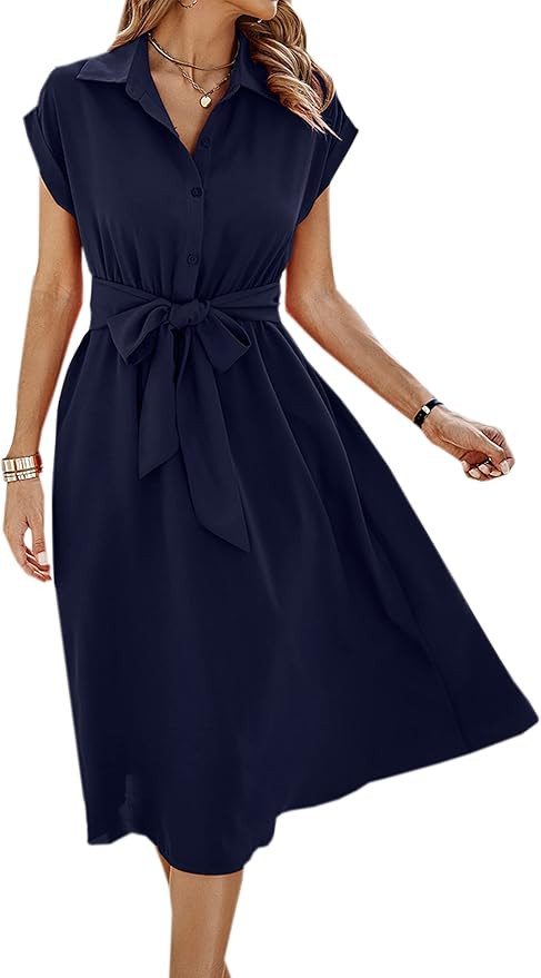 ECOWISH Womens Casual Midi Dresses Solid V Neck Short Sleeve Button Shirt Belted Dress with Pocke... | Amazon (US)