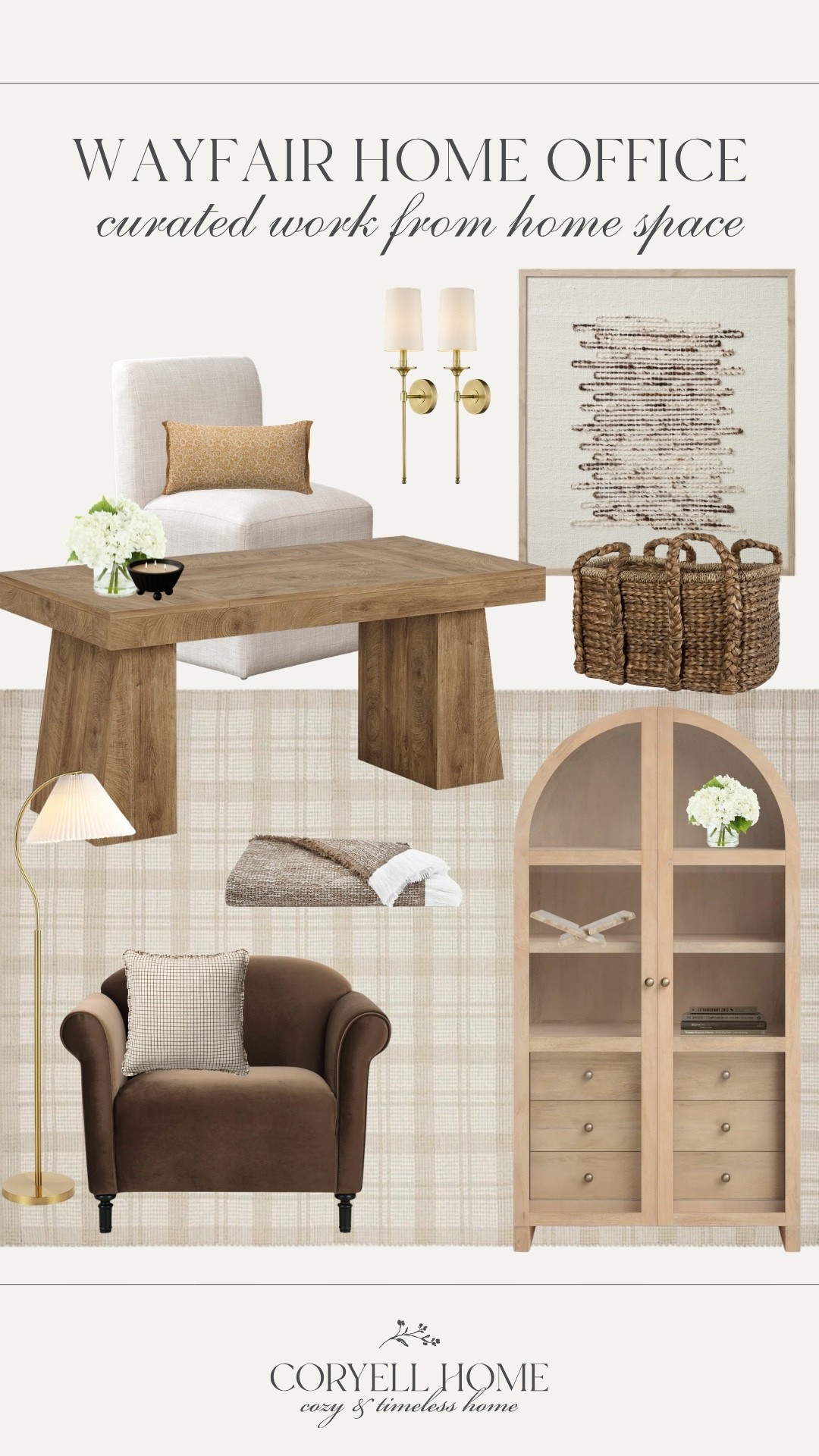 A timeless home office mood board with some of my favorite Wayfair finds. 🤍 I always love mixing classic furniture, warm wood tones, soft textures, and brass accents to create a space that feels collected, cozy, and functional. These are the kinds of pieces that never go out of style and can easily work in any neutral home office.

#LTKSeasonal #LTKHome #LTKSaleAlert