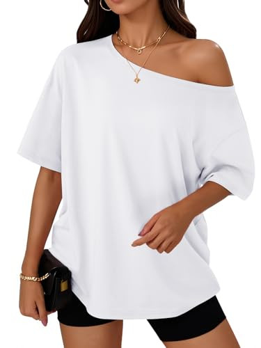 Trendy Queen Womens Off The Shoulder Tops Oversized T-Shirts Short Sleeve Tees Summer 2025 Casual Spring Fashion Clothes White L | Amazon (US)