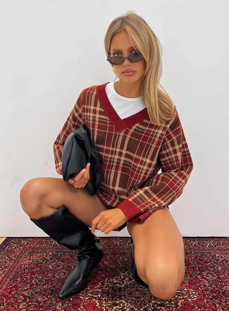 Sydda V Neck Knit Sweater Red Plaid | Princess Polly US