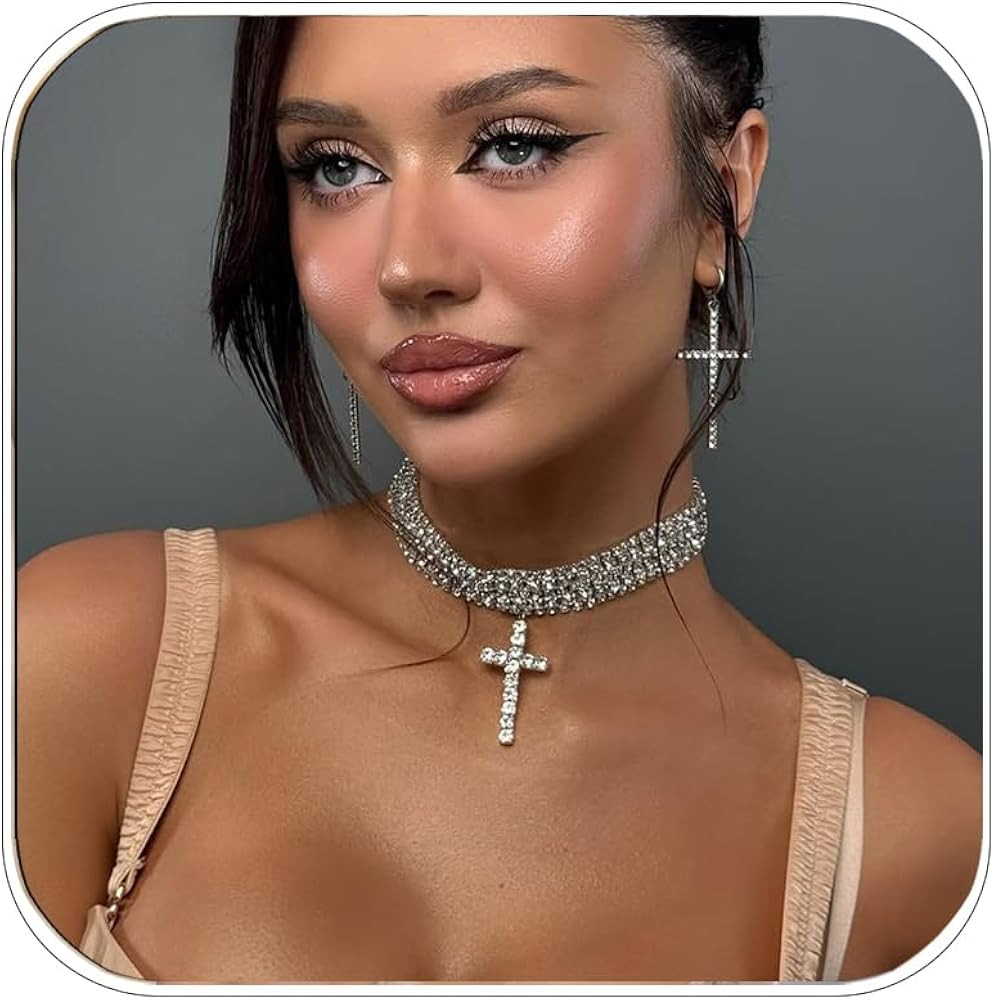 Rhinestone Cross Choker Necklace Chunky Layered Collar Crystal Statement Necklace For Women Silve... | Amazon (US)
