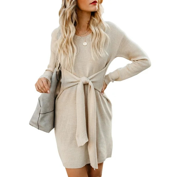 Dearlove Women's Wrap Bodycon Tie Waist Knitted Sweater Dress V Neck Long Sleeve Knee Length Midi... | Walmart (US)