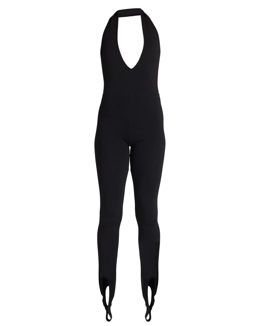 Saint Laurent Plunging Halter Stirrup-Hem Jumpsuit | Neiman Marcus