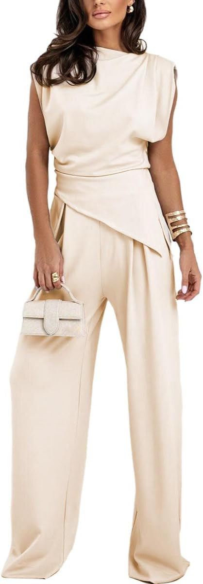 Pant Sets Women 2 Piece Solid Irregular Hem Tops High Waist Wide Leg Pants Going Out Office Cloth... | Amazon (US)