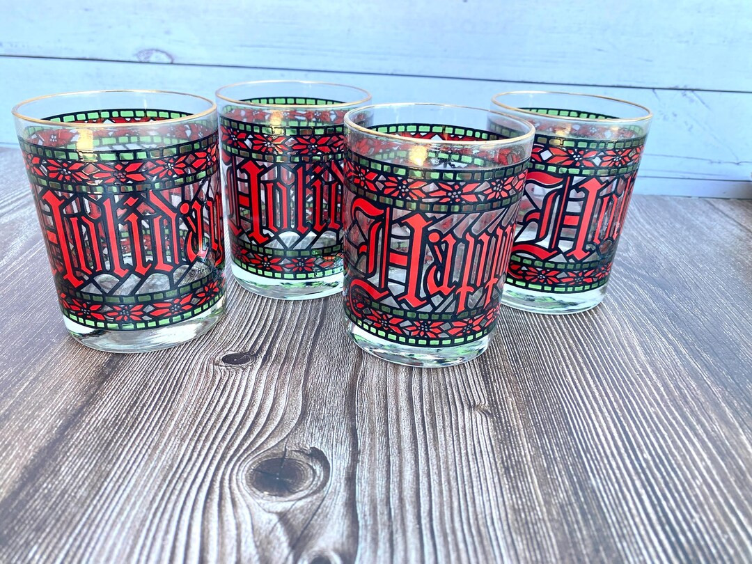 Houze Seasons Greetings Stained Glass Design Gold Rimmed Vintage Cocktail Glasses Set of 5 - Etsy | Etsy (US)