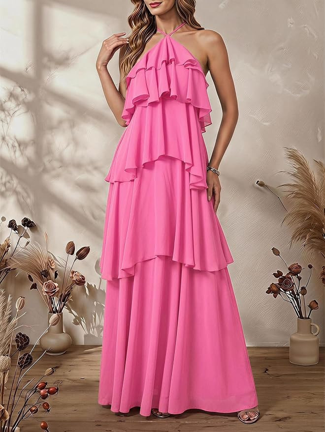 SOLY HUX Women's Wedding Guest Dress Sundresses Ruffle Layered Halter Backless Flowy Formal Maxi ... | Amazon (US)